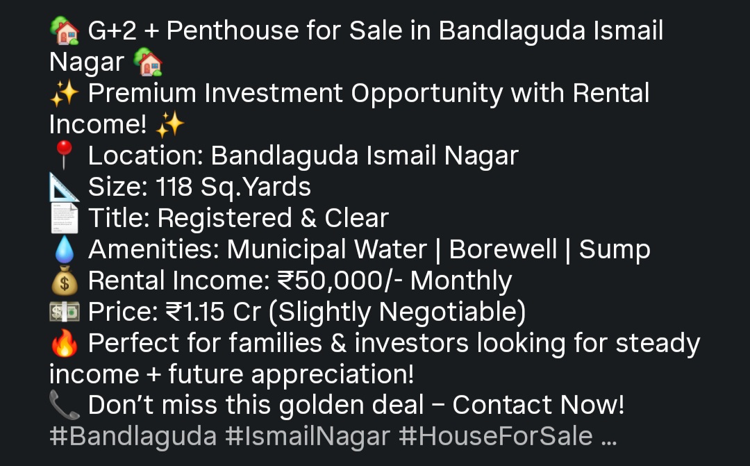 🏡 G+2 + Penthouse for Sale in Bandlaguda Ismail Nagar