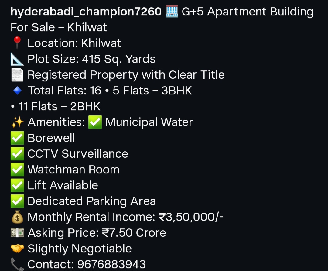 G+5 Apartment Building for Sale in Khilwat, Hyderabad