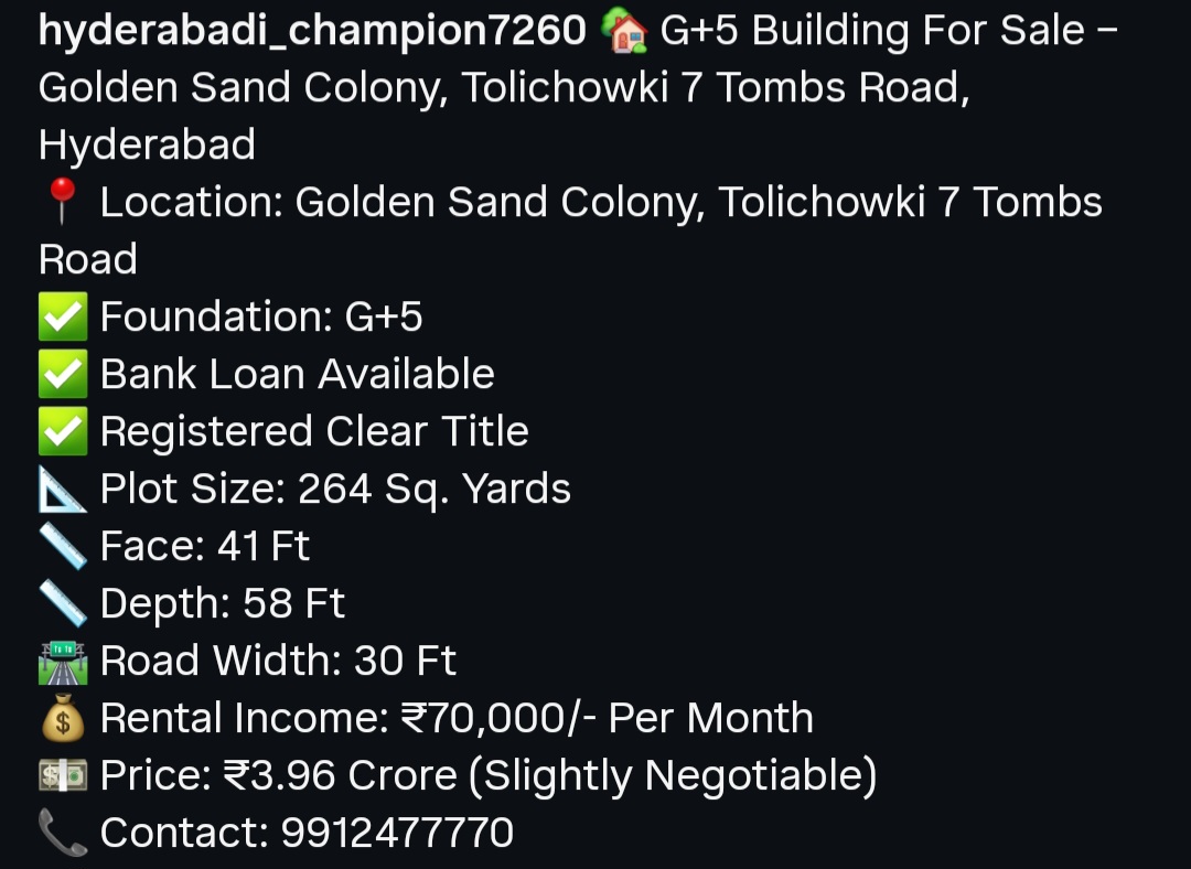 G+5 Building for Sale – Golden Sand Colony, Tolichowki (7 Tombs Road), Hyderabad