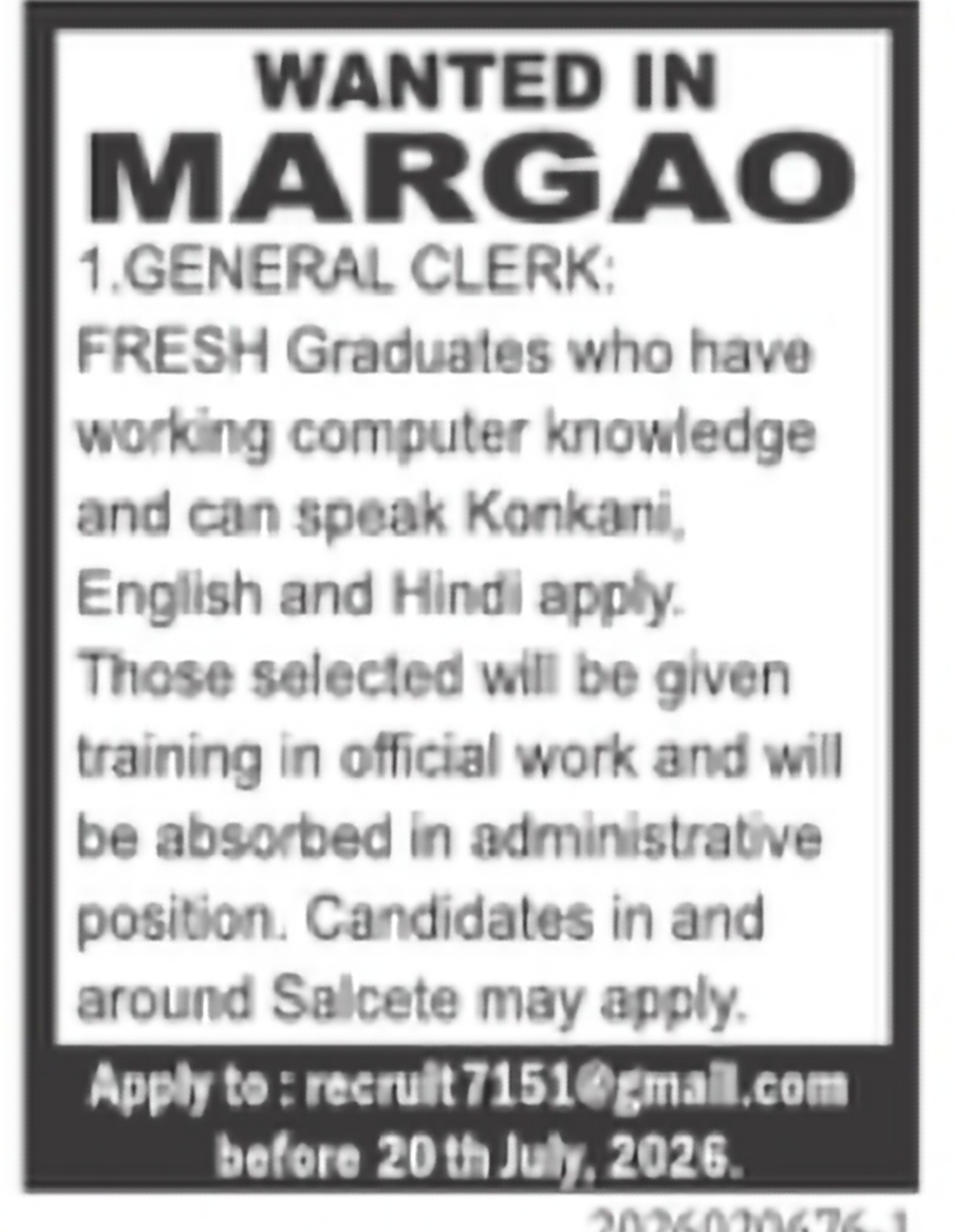 General Clerk Vacancy – Margao