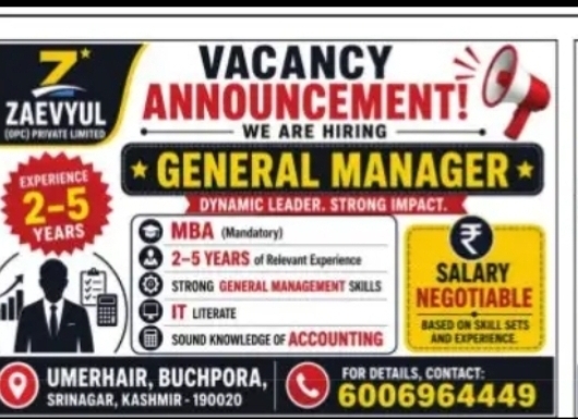 General Manager Vacancy – Srinagar, Kashmir
