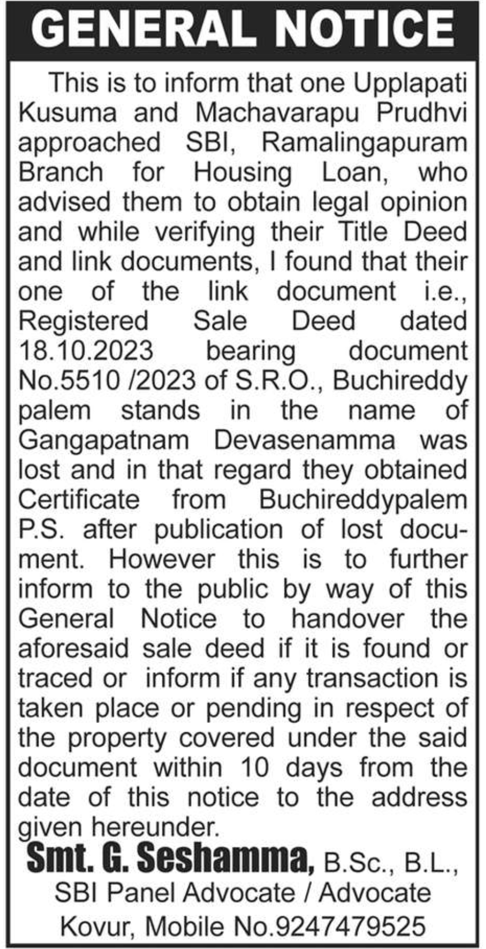 General Notice – Lost Registered Sale Deed (Document No. 5510/2023)
