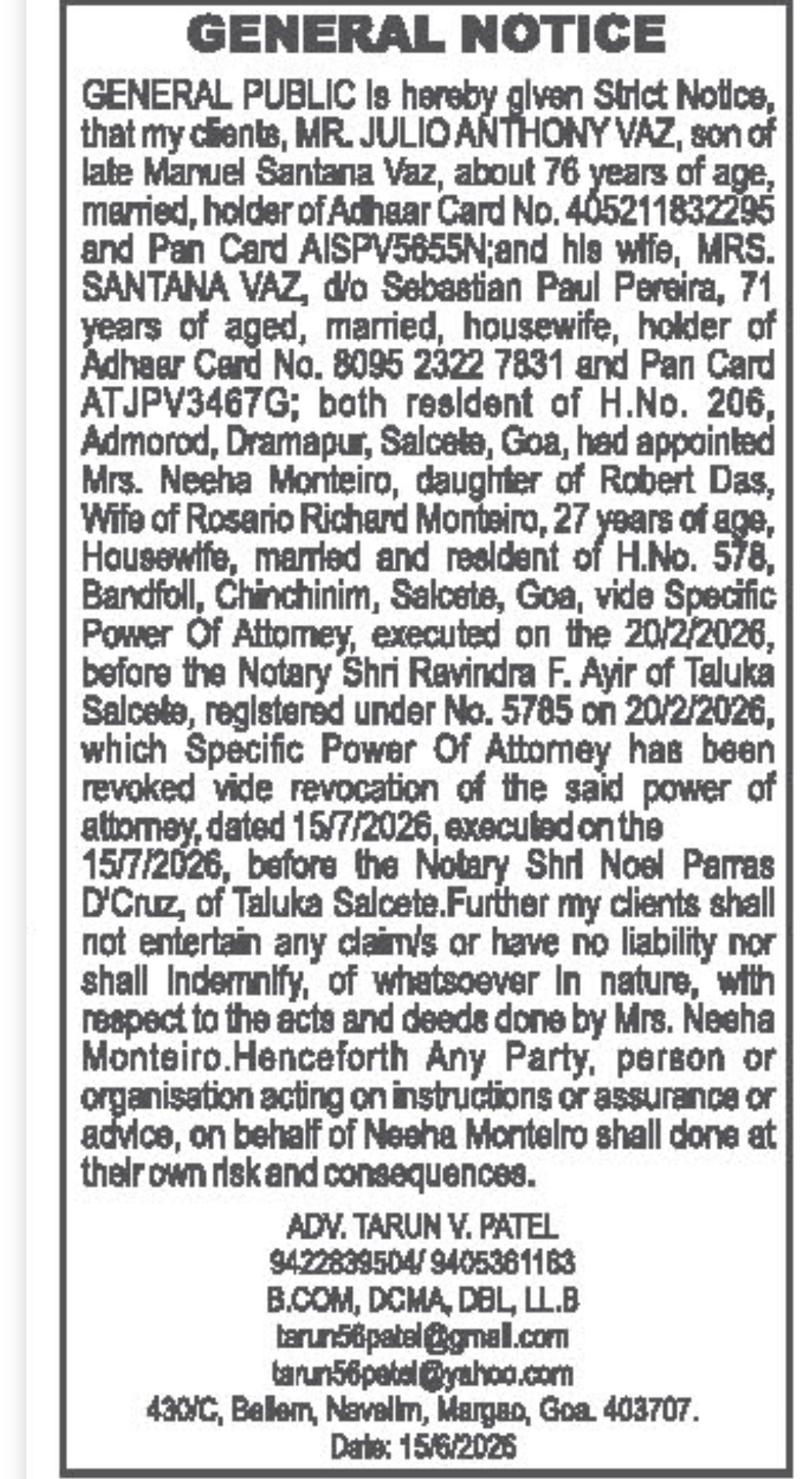 General Public Notice – Revocation of Specific Power of Attorney