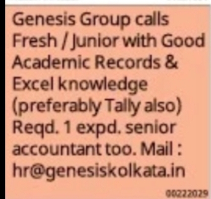 Genesis Group Hiring Freshers, Junior & Senior Accountants