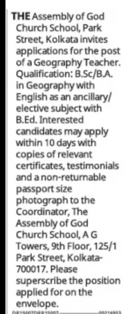 Geography Teacher – Assembly of God Church School, Kolkata
