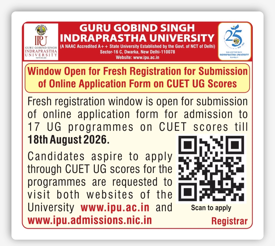 GGSIPU ADMISSION 2026 – FRESH REGISTRATION ON CUET UG SCORES