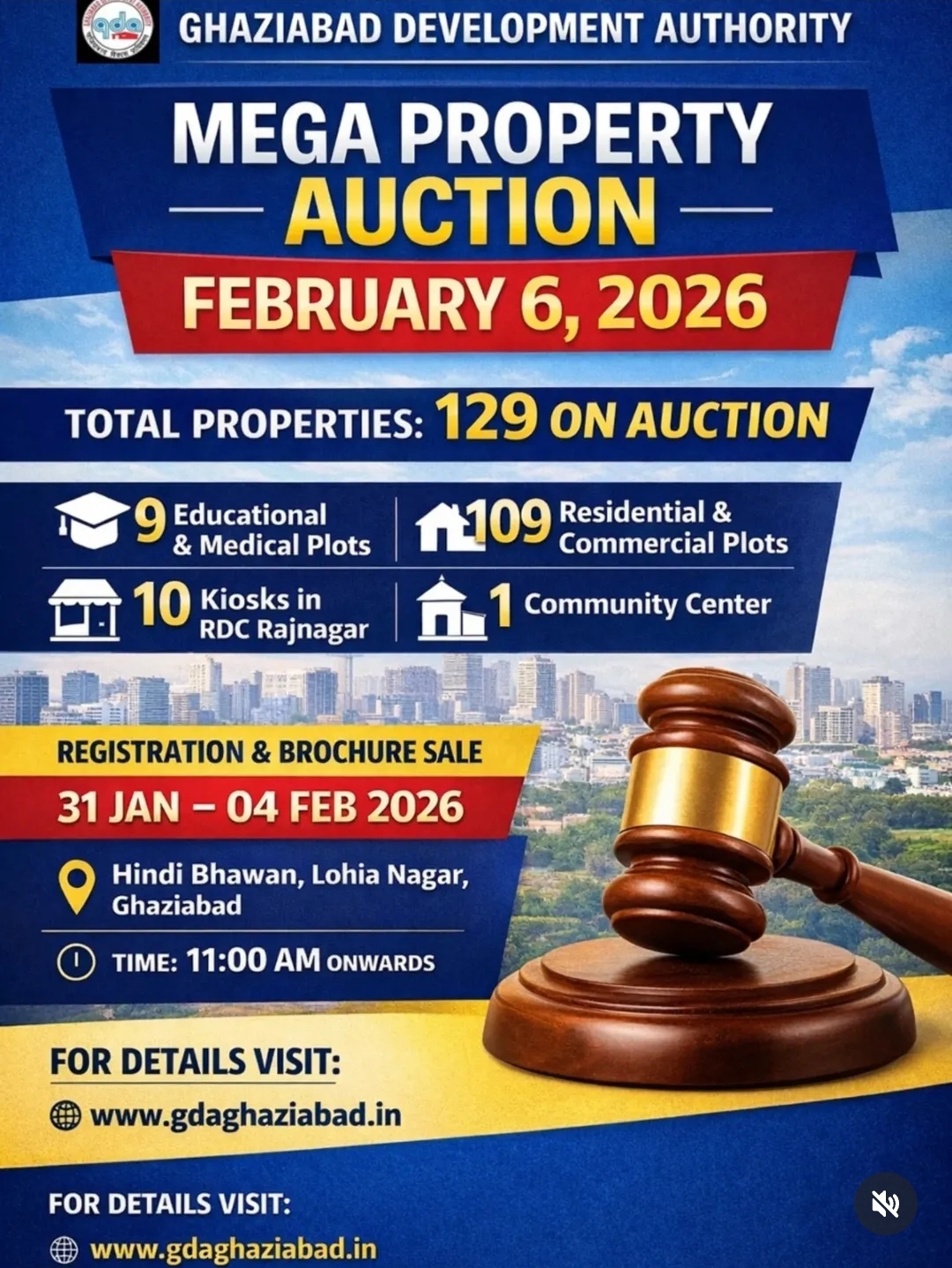 Ghaziabad Development Authority (GDA) is conducting a public auction of 129 properties on 06 February 2026.