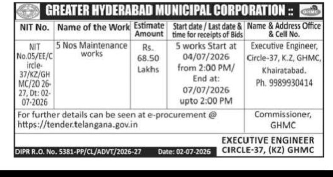 GHMC Circle-37 (Khairatabad Zone) Maintenance Works Tender