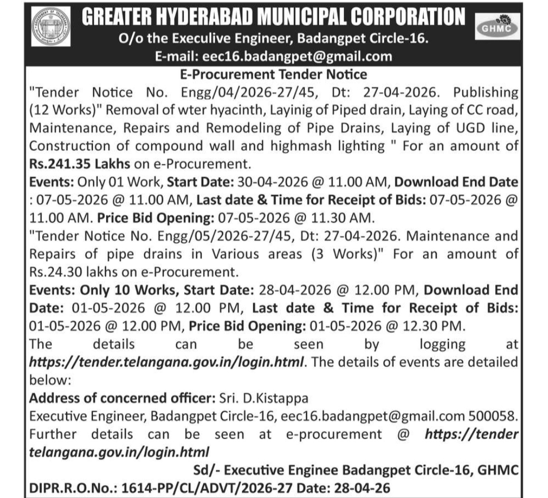 GHMC E-Procurement Tender Notice – Badangpet Circle-16