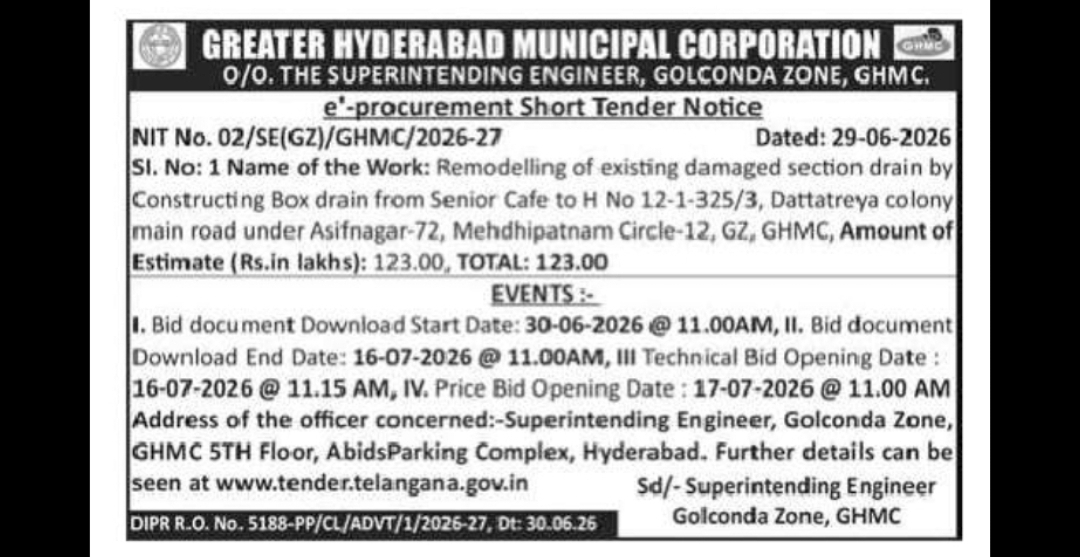 GHMC GOLCONDA ZONE – E-PROCUREMENT SHORT TENDER NOTICE