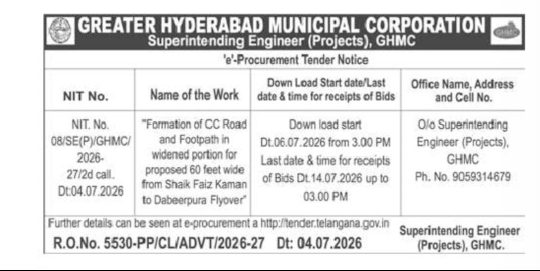 GHMC Invites e-Tenders for CC Road & Footpath Formation Project