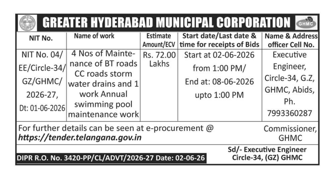 GHMC Invites E-Tenders for Maintenance of Roads, Storm Water Drains and Swimming Pool Works in Circle-34, Goshamahal Zone, Hyderabad.