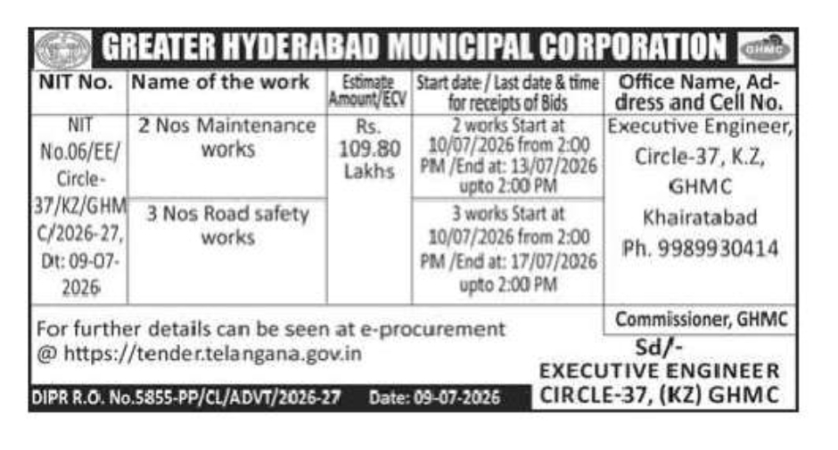 GHMC Invites E-Tenders for Maintenance & Road Safety Works in Khairatabad Circle