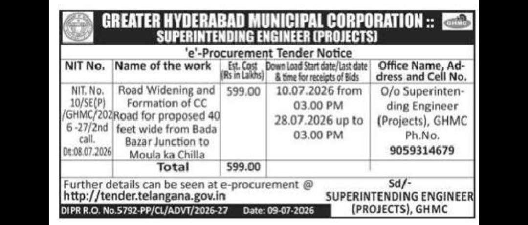 GHMC Invites E-Tenders for Road Widening & CC Road Formation Project in Hyderabad