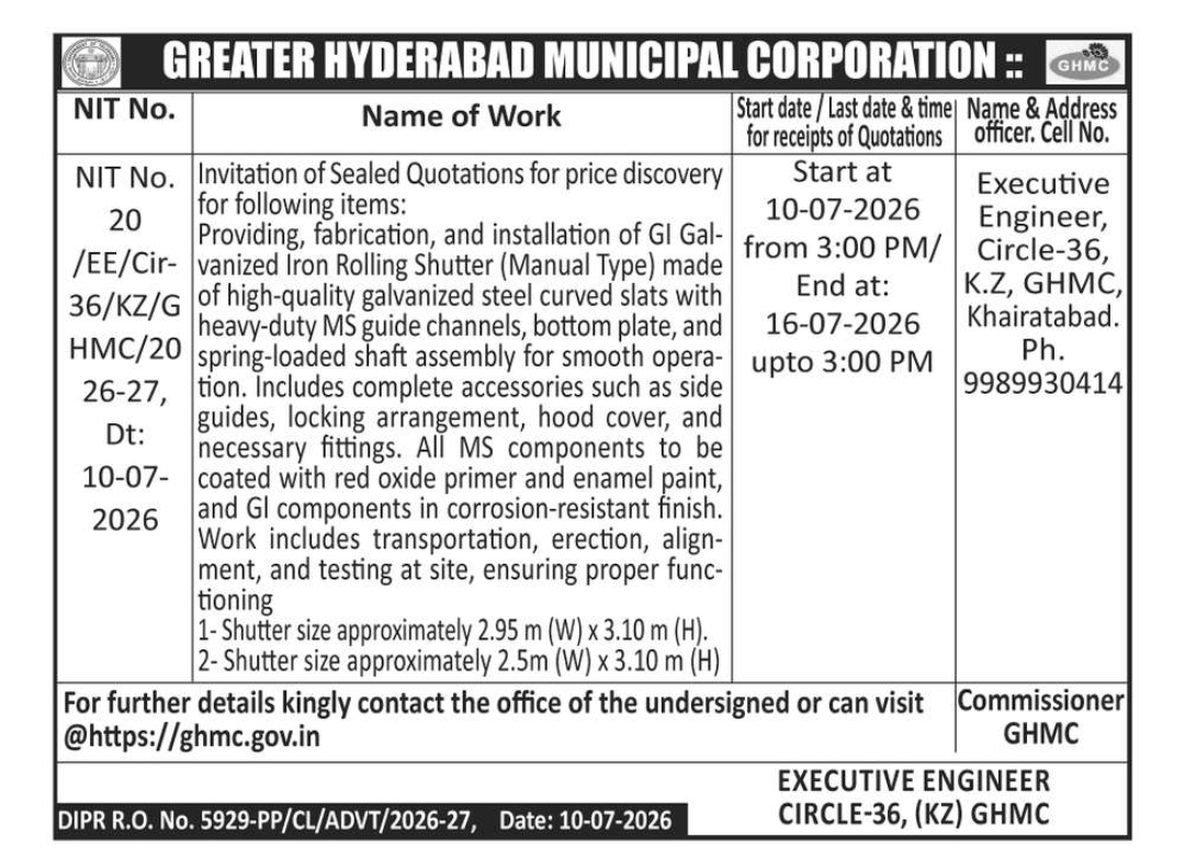 GHMC Invites Sealed Quotations for GI Rolling Shutter Fabrication & Installation