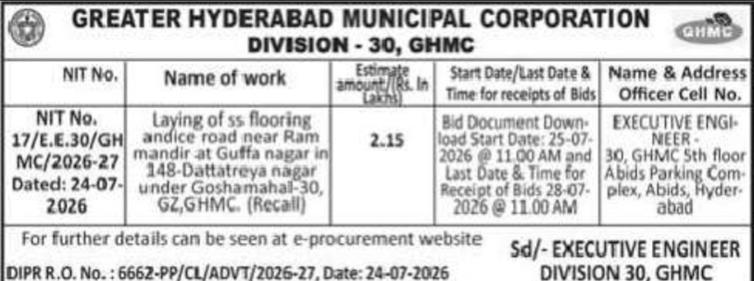 GHMC Invites Tender for SS Flooring and Road Works at Guffa Nagar, Goshamahal