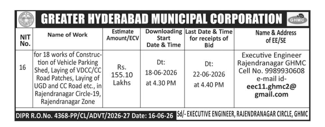 GHMC Rajendranagar Circle-19 Tender Notice