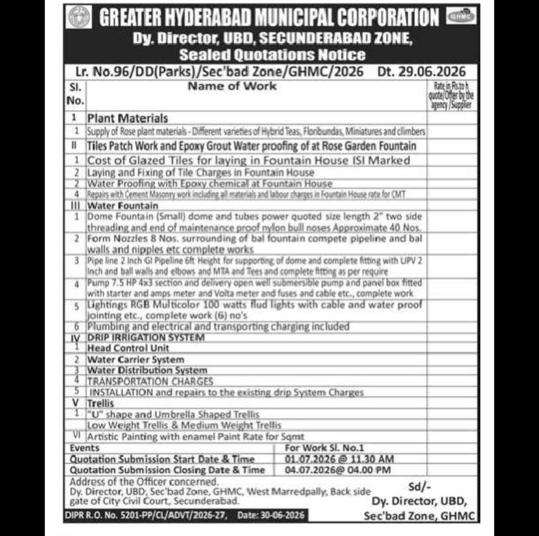 GHMC SECUNDERABAD ZONE – SEALED QUOTATIONS NOTICE