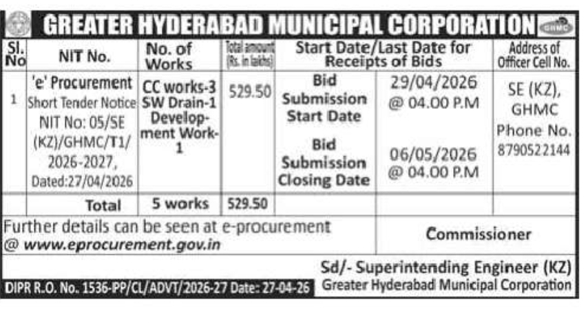 GHMC Short Tender Notice – Hyderabad