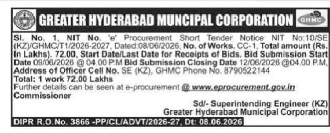 GHMC – Short Tender Notice (Kukatpally Zone)