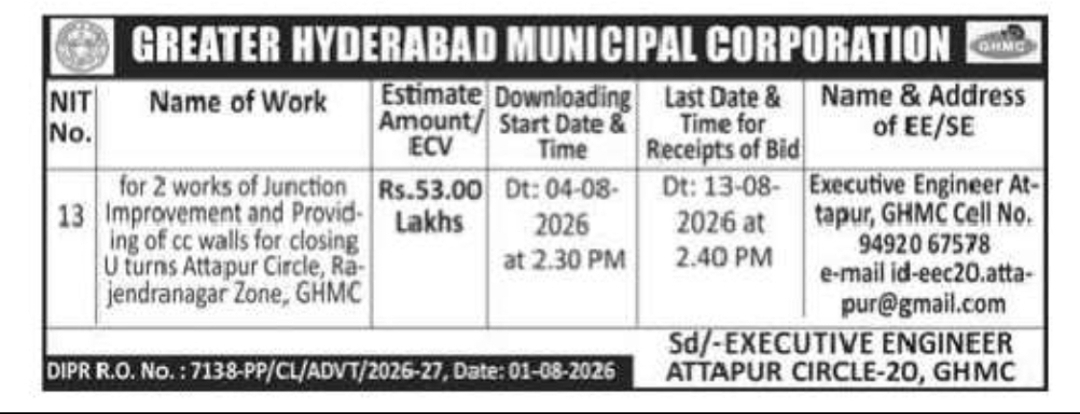 GHMC Tender – Junction Improvement & CC Wall Works at Attapur Circle
