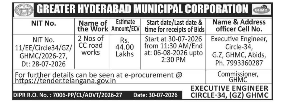 GHMC Tender Notice – CC Road Works (Circle-34, GHMC)