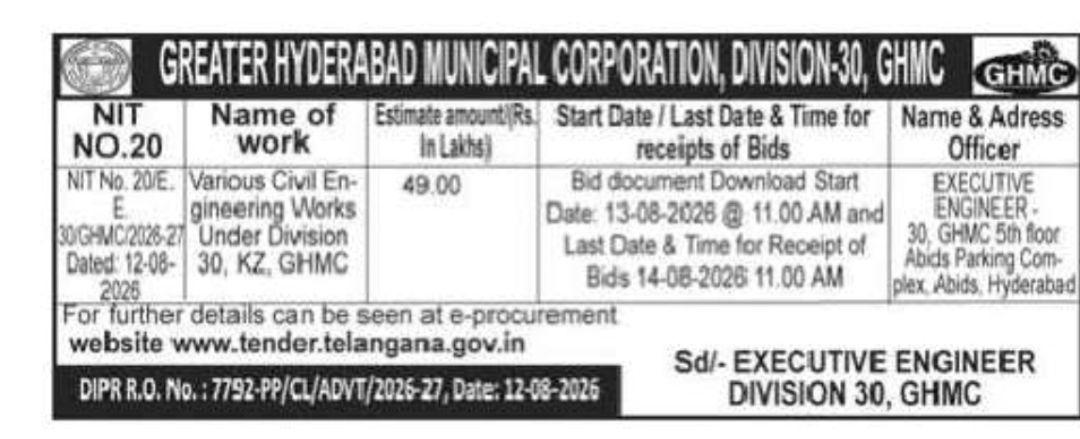 GHMC Tender Notice – Division-30