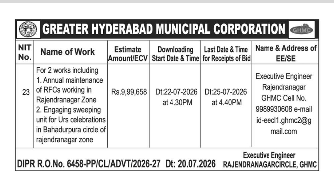 GHMC Tender Notification – Rajendranagar Circle (Annual Maintenance and Sweeping Services)