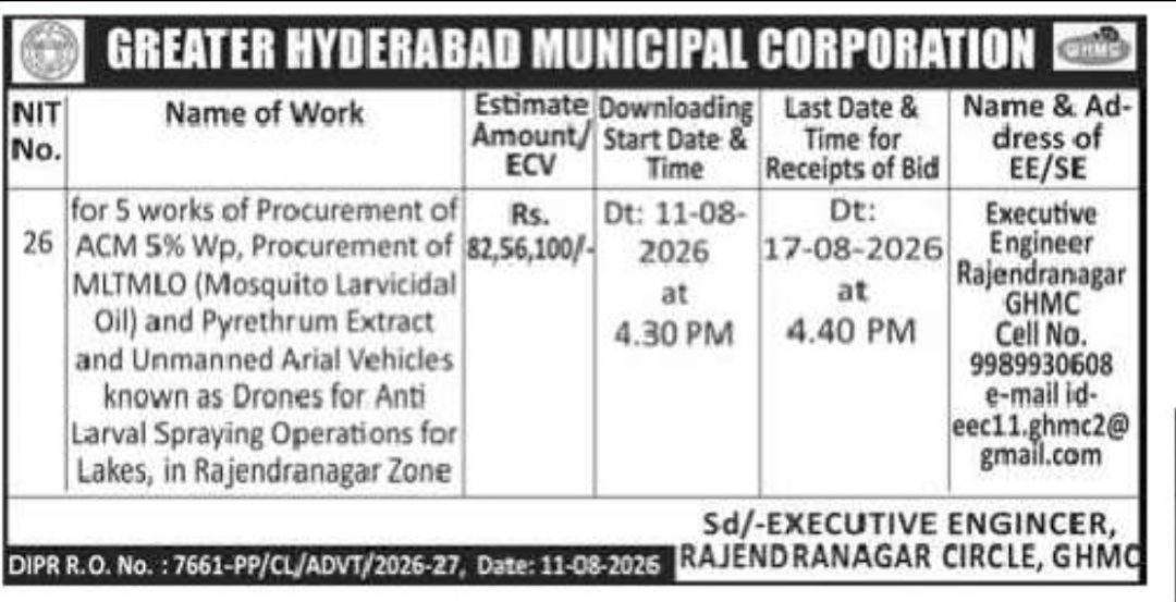 GHMC Tender – Procurement of ML Oil, Pyrethrum Extract and Drones for Anti-Larval Spraying