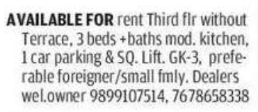 📍 GK-3 – 3BHK Apartment (FOR RENT)