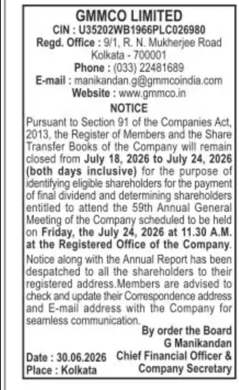 GMMCO Limited – Notice of Book Closure, Final Dividend & 59th Annual General Meeting