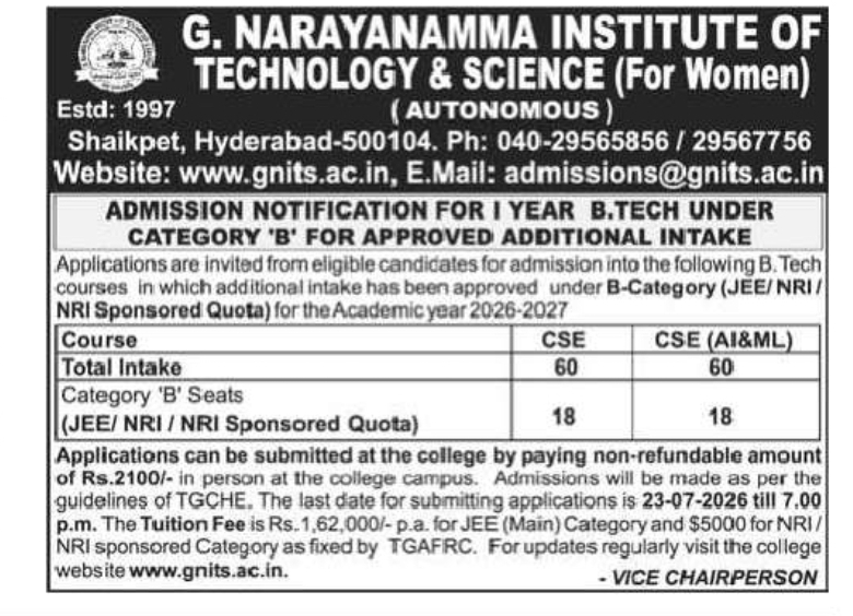 GNITS Hyderabad B.Tech Admissions 2026-27 – Category B Seats Open