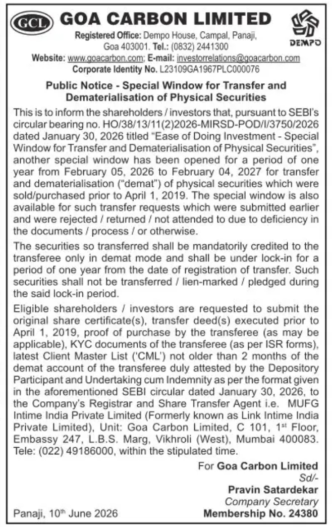Goa Carbon Limited – Public Notice for Special Window for Transfer and Dematerialisation of Physical Securities (2026-2027)