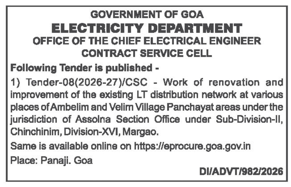 Goa Electricity Department Tender Notice – LT Distribution Network Renovation Works