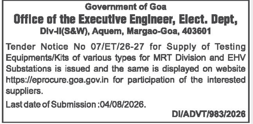 Goa Electricity Department Tender Notice – Supply of Testing Equipment and Kits