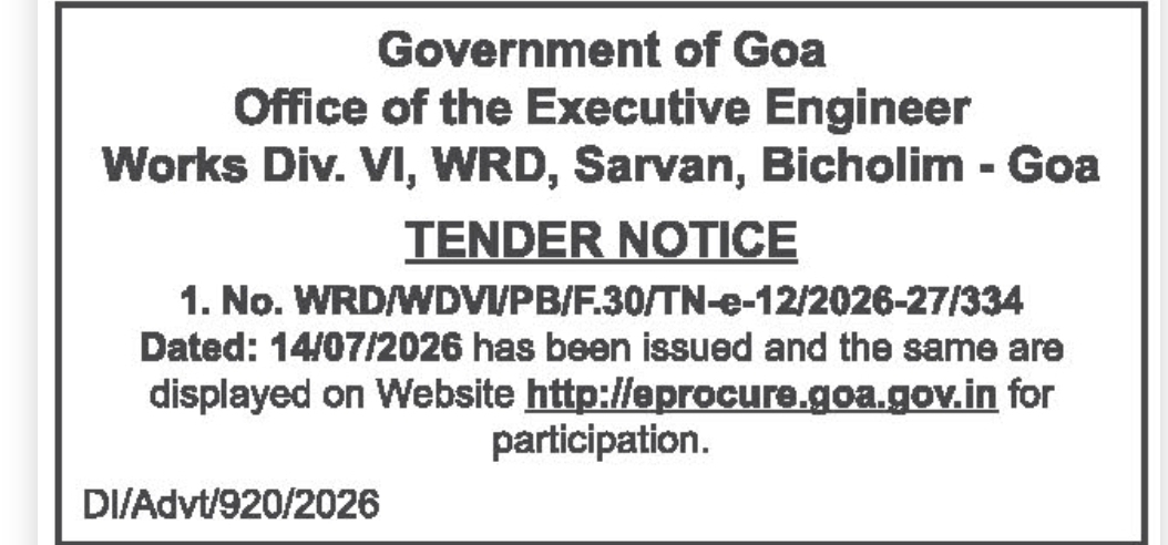 Goa Government WRD Tender Notice – Works Division VI, Bicholim