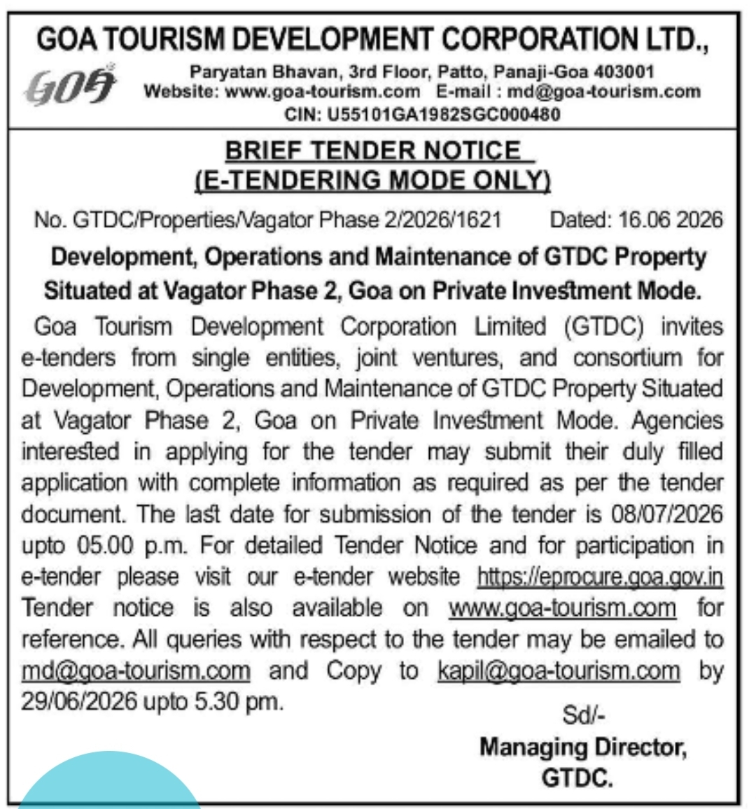 Goa Tourism Development Corporation Ltd. (GTDC) – Brief E-Tender Notice