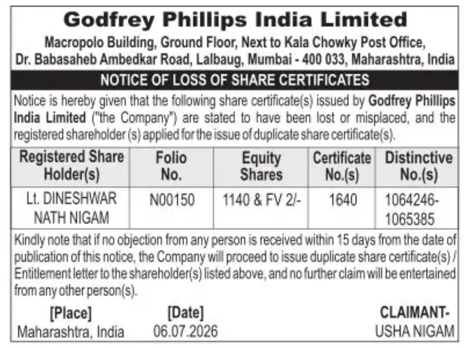 Godfrey Phillips India Limited – Notice of Loss of Share Certificates