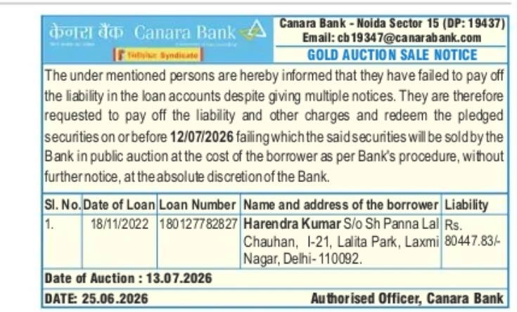 GOLD AUCTION SALE NOTICE – Canara Bank