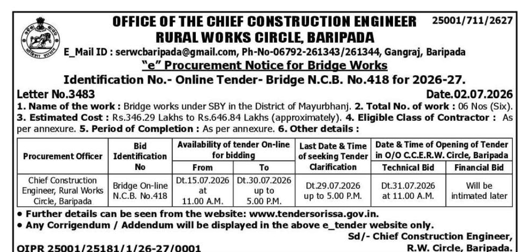 Government e-Procurement Notice – Bridge Works under SBY, Mayurbhanj (2026-27)