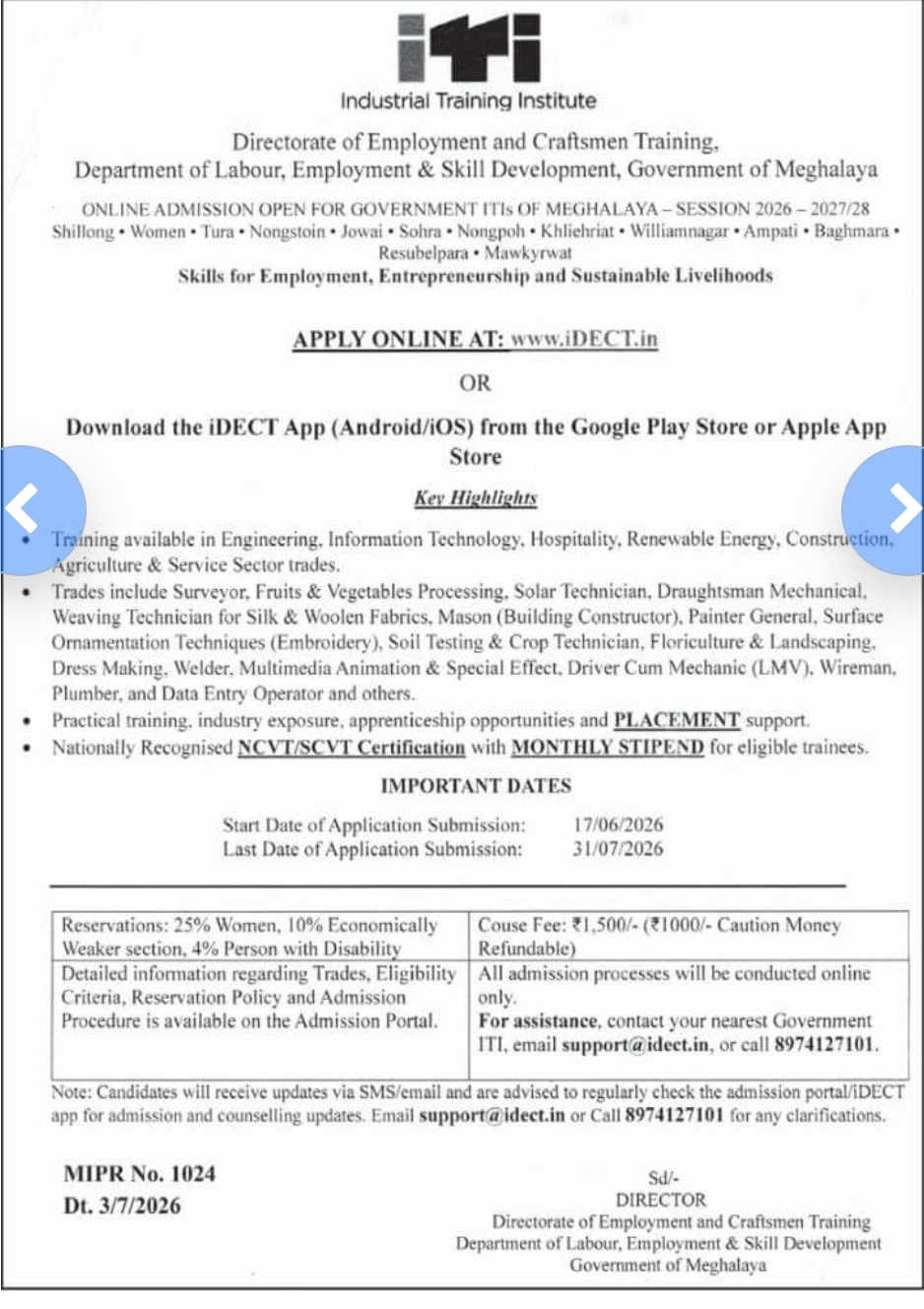 Government ITIs Meghalaya Online Admission 2026-27/28
