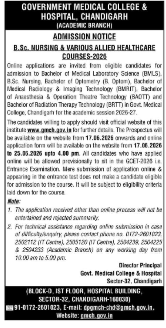 GOVERNMENT MEDICAL COLLEGE & HOSPITAL, CHANDIGARH – ADMISSION NOTICE 2026
