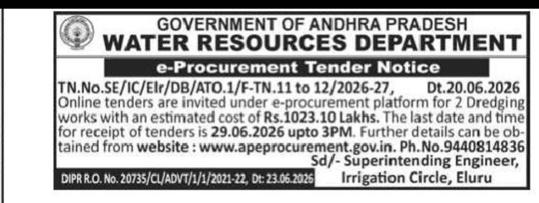 GOVERNMENT OF ANDHRA PRADESH WATER RESOURCES DEPARTMENT e-Procurement Tender Notice