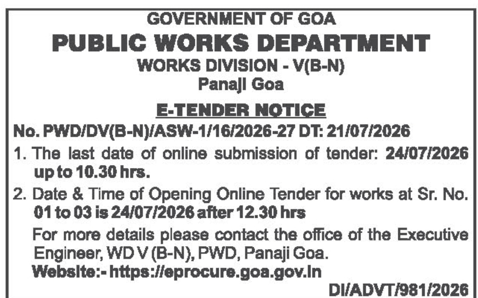 Government of Goa PWD E-Tender Notice – Works Division V (B-N), Panaji