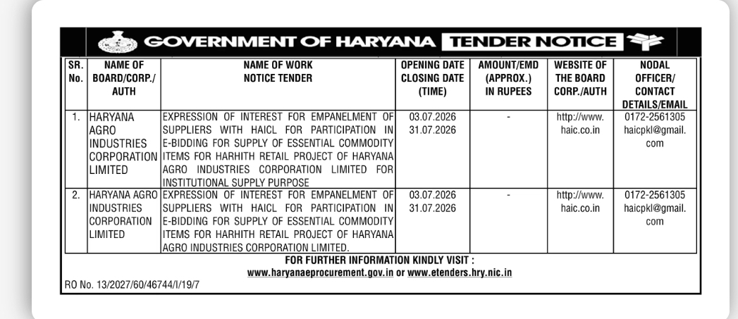 GOVERNMENT OF HARYANA HARYANA AGRO INDUSTRIES CORPORATION LIMITED (HAICL) TENDER NOTICE