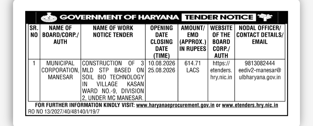 GOVERNMENT OF HARYANA TENDER NOTICE