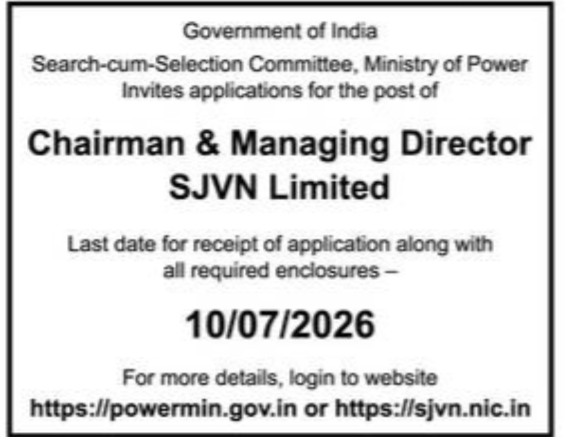 Government of India Recruitment – Chairman & Managing Director, SJVN Limited