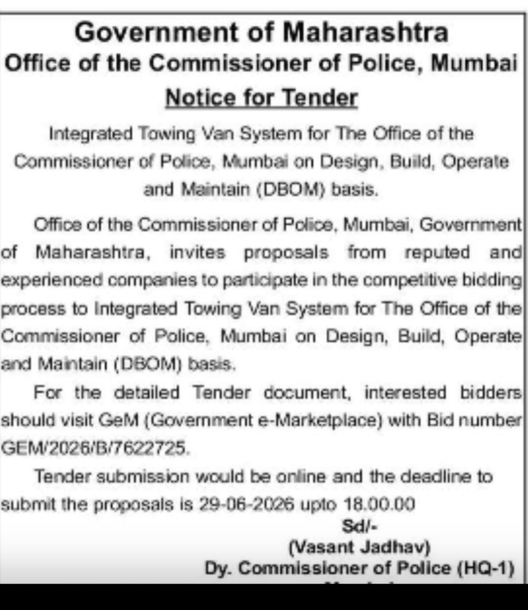 GOVERNMENT OF MAHARASHTRA – COMMISSIONER OF POLICE, MUMBAI TENDER