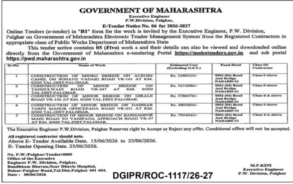 GOVERNMENT OF MAHARASHTRA PUBLIC WORKS DEPARTMENT (PWD) Executive Engineer, P.W. Division, Palghar