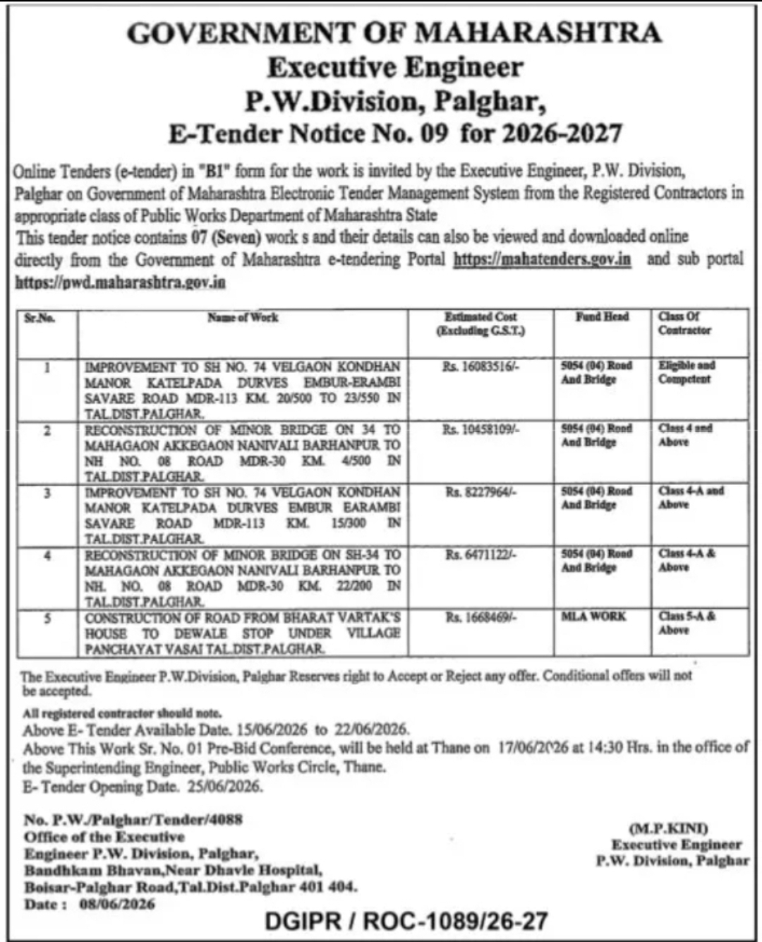 GOVERNMENT OF MAHARASHTRA P.W. Division, Palghar – E-Tender Notice No. 09 (2026–2027)